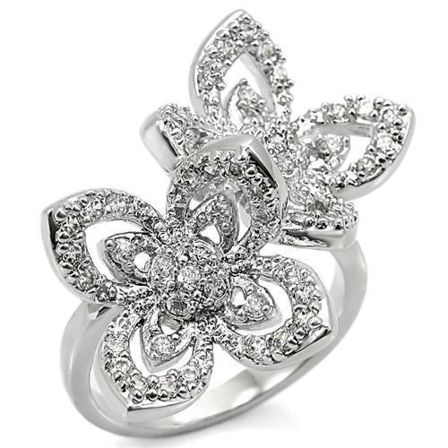 The Twin Blossom Ring – Open Floral Statement Ring in Rhodium-Plated Brass with Clear CZ Accents Lysandra Luxe