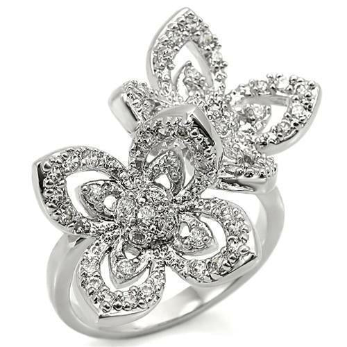 The Twin Blossom Ring – Open Floral Statement Ring in Rhodium-Plated Brass with Clear CZ Accents Lysandra Luxe