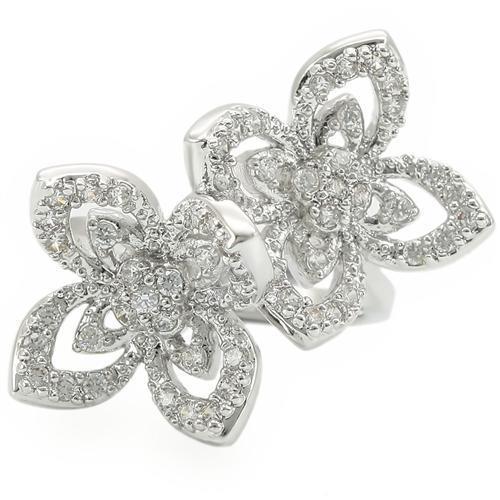 The Twin Blossom Ring – Open Floral Statement Ring in Rhodium-Plated Brass with Clear CZ Accents Lysandra Luxe