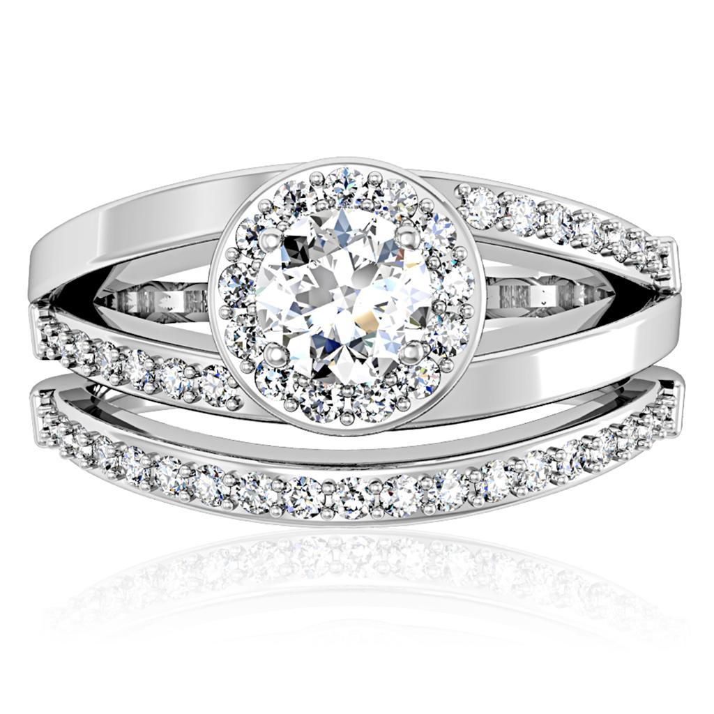 The Halo Cross Duo – Round Clear CZ Halo Ring with Diagonal Split Shank & Matching CZ Band in Rhodium-Plated Brass Lysandra Luxe