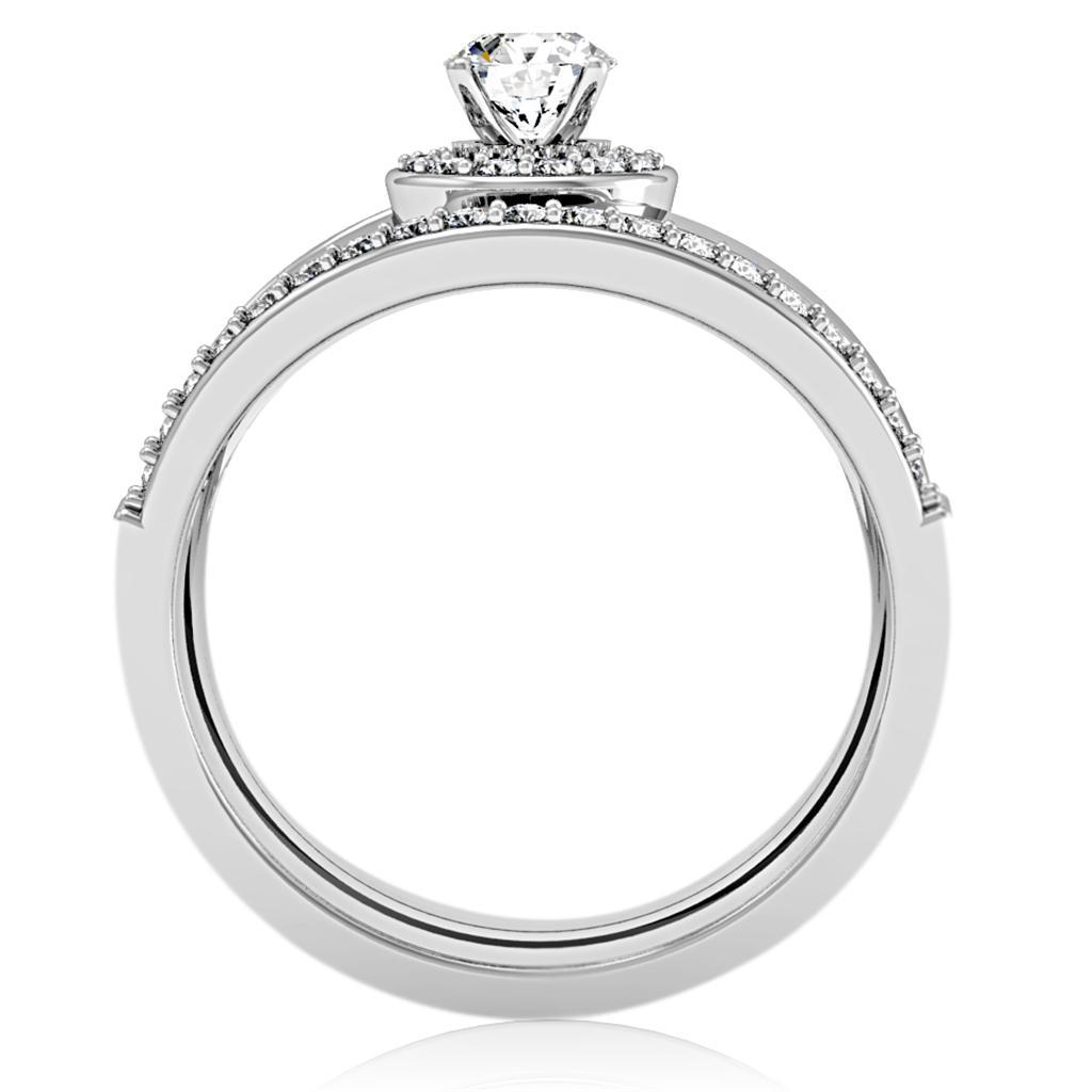 The Halo Cross Duo – Round Clear CZ Halo Ring with Diagonal Split Shank & Matching CZ Band in Rhodium-Plated Brass Lysandra Luxe