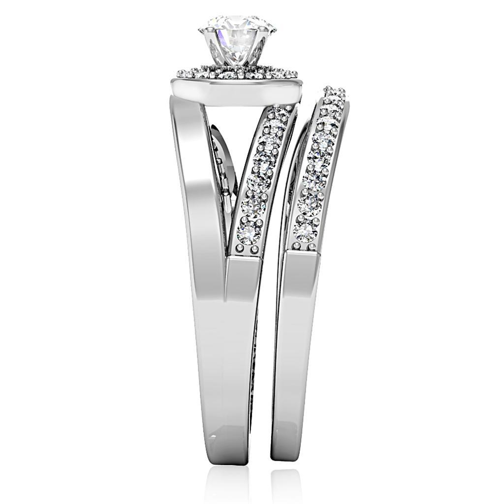 The Halo Cross Duo – Round Clear CZ Halo Ring with Diagonal Split Shank & Matching CZ Band in Rhodium-Plated Brass Lysandra Luxe