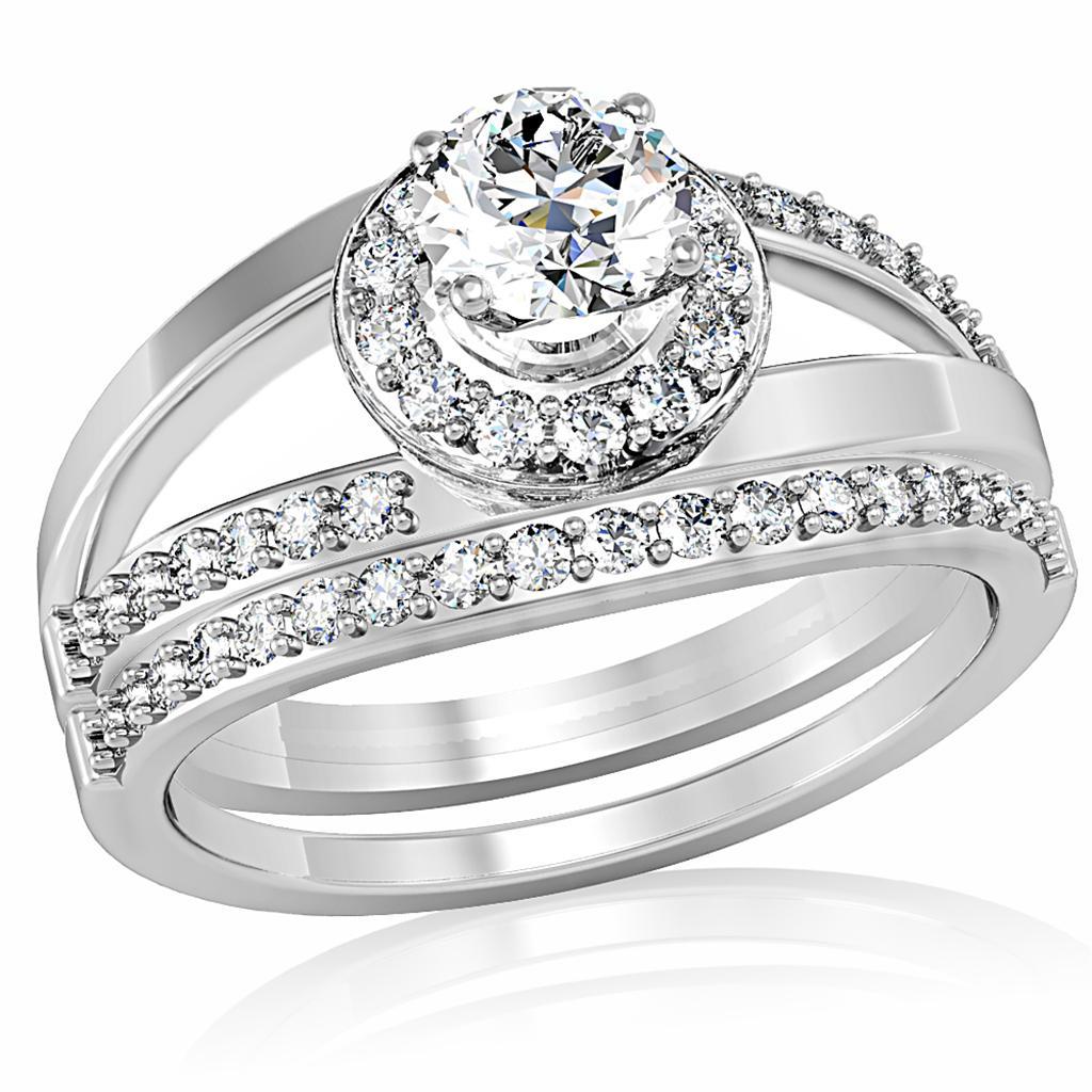 The Halo Cross Duo – Round Clear CZ Halo Ring with Diagonal Split Shank & Matching CZ Band in Rhodium-Plated Brass Lysandra Luxe