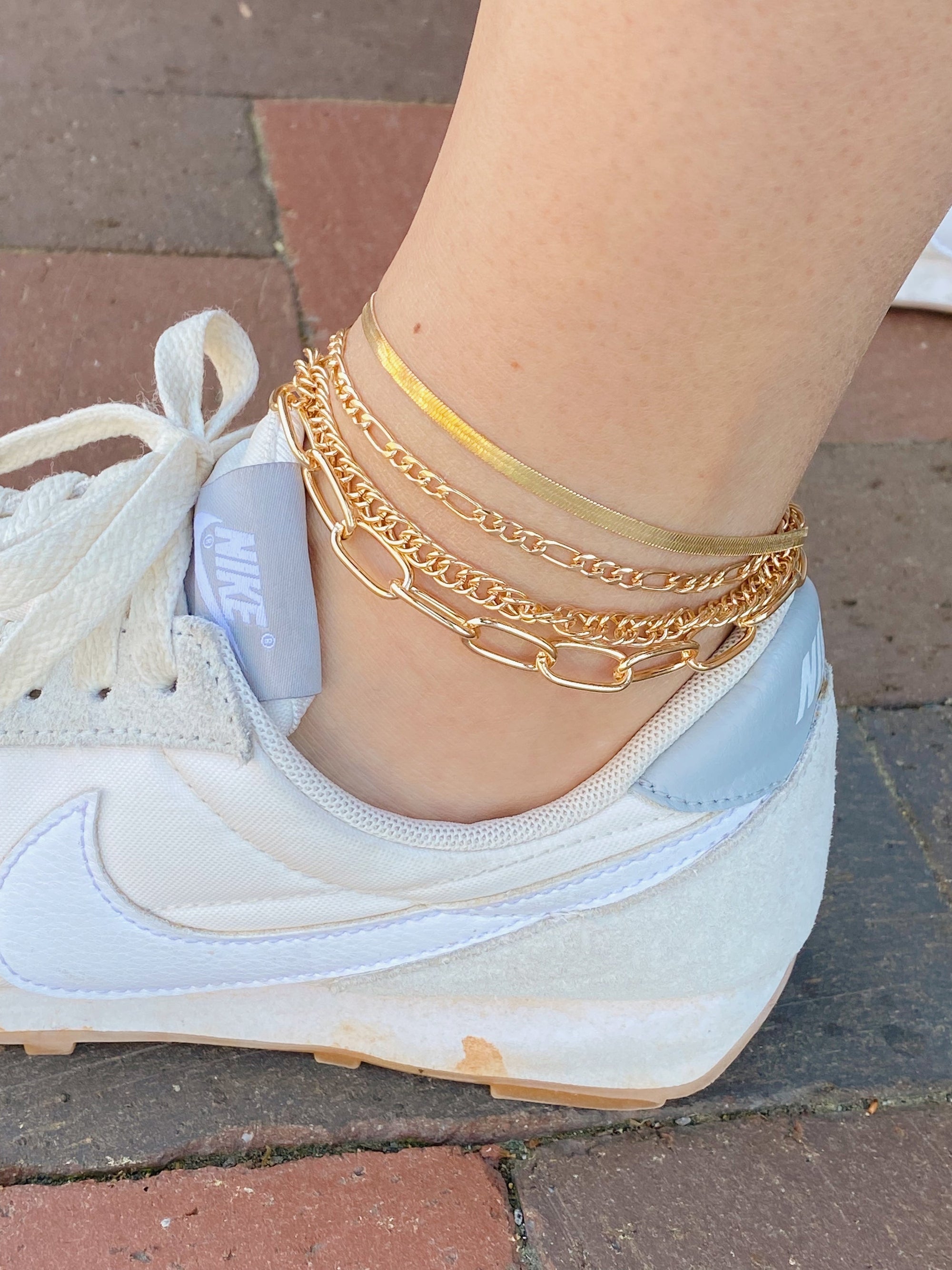 Gold Layered Chain Anklet Set – 4-Piece Adjustable Gold Plated Anklets for Women | Trendy Layered Foot Jewelry