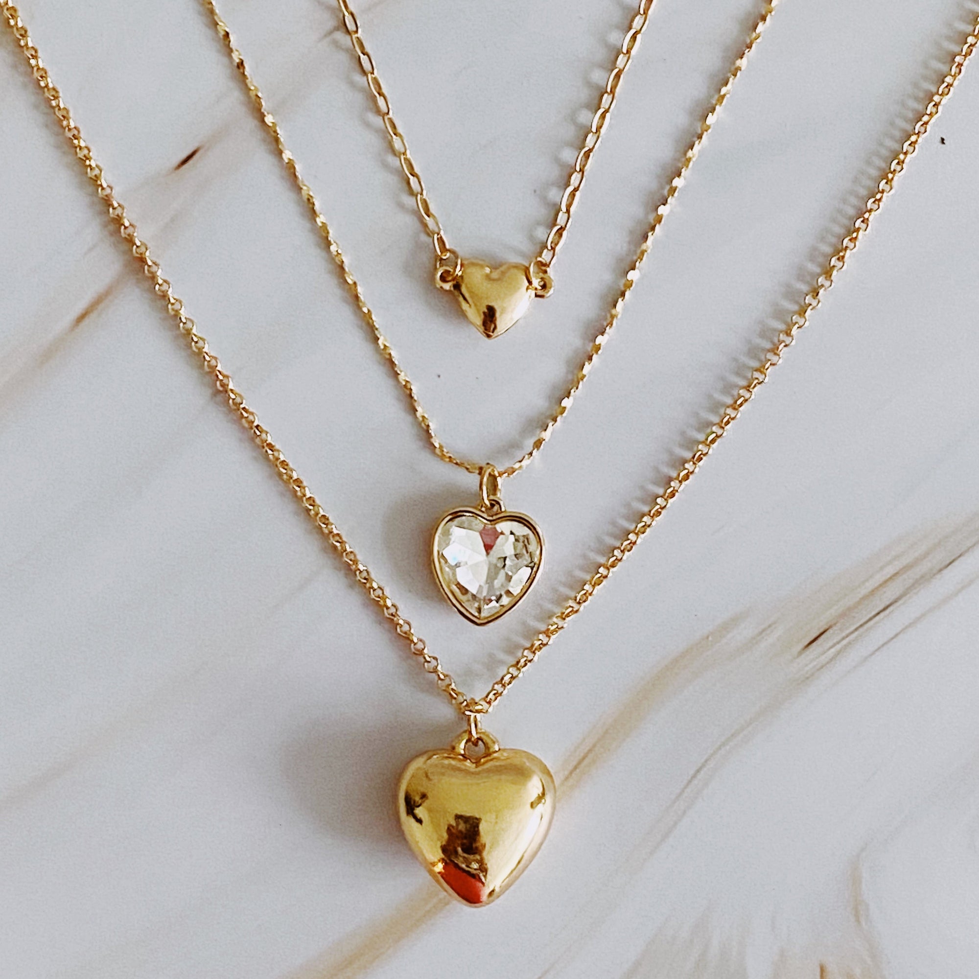 Triple Heart Pendant Necklace Set of 3 – Layered 16″, 18″ & 20″ Gold-Plated Heart Necklaces with Extenders Lysandra Luxe