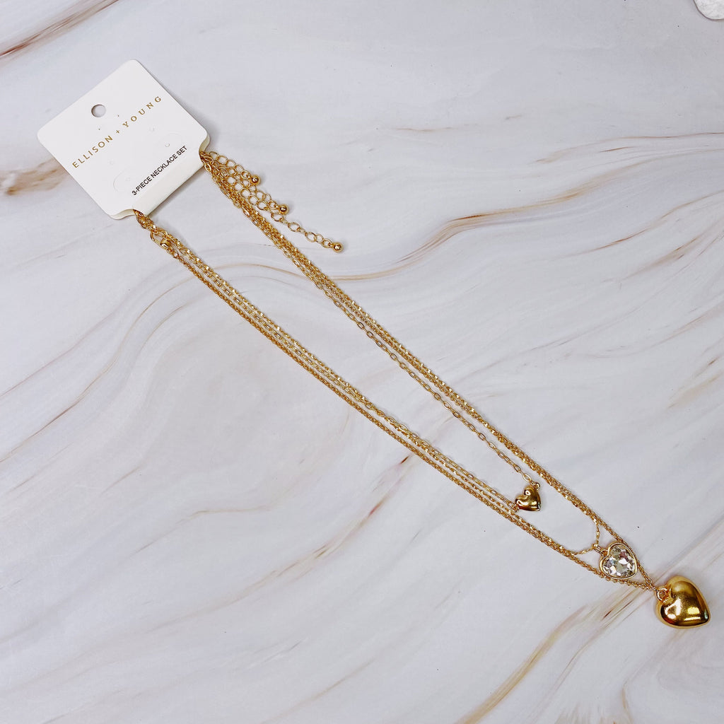 Triple Heart Pendant Necklace Set of 3 – Layered 16″, 18″ & 20″ Gold-Plated Heart Necklaces with Extenders Lysandra Luxe