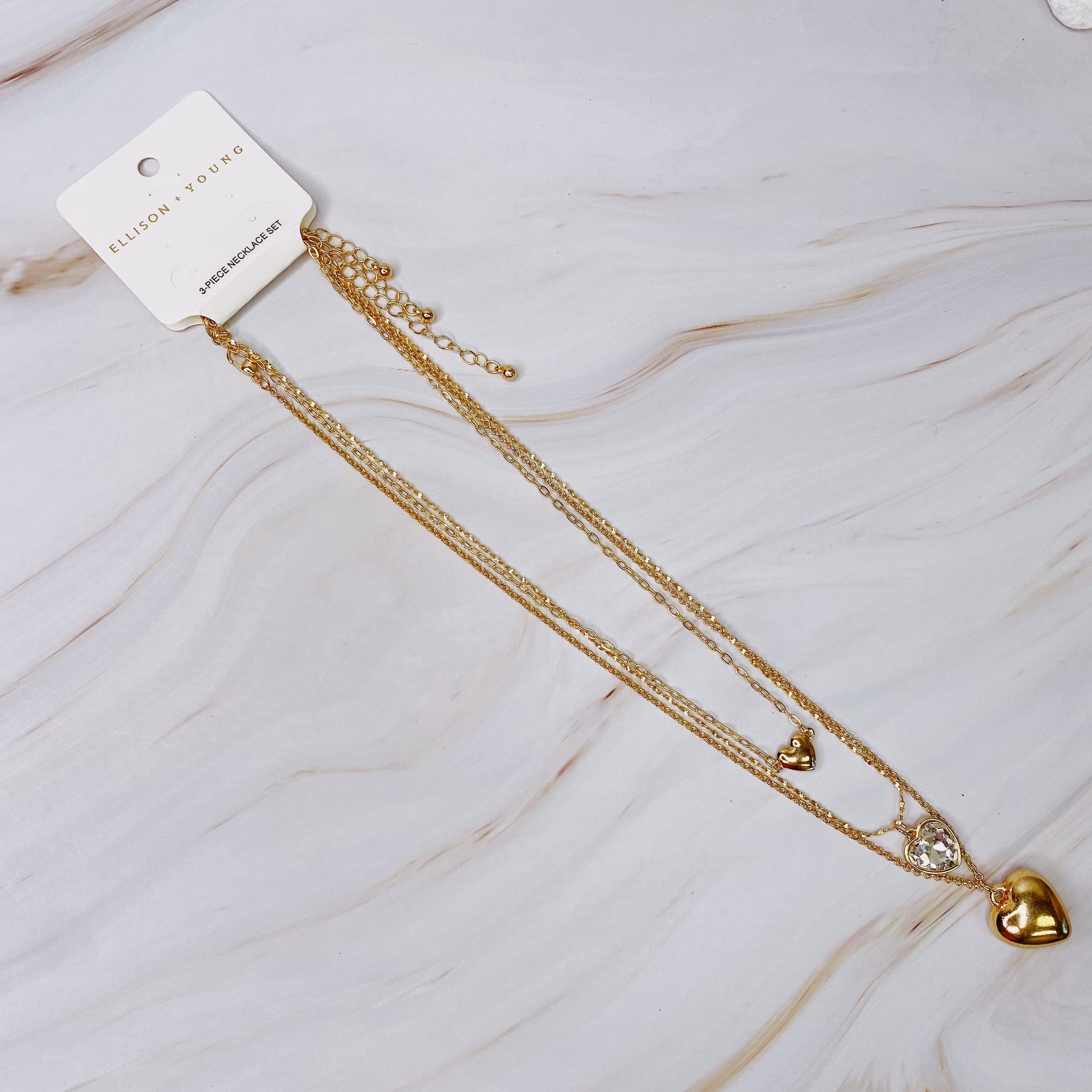 Triple Heart Pendant Necklace Set of 3 – Layered 16″, 18″ & 20″ Gold-Plated Heart Necklaces with Extenders Lysandra Luxe