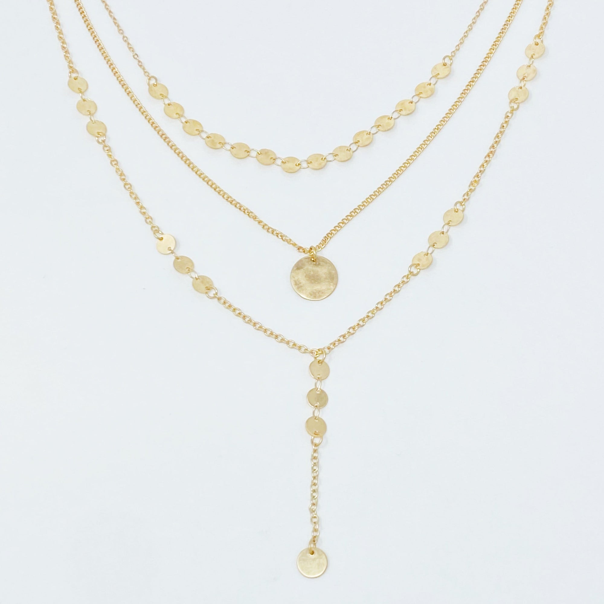 Disc Drop Layered Necklace – Gold Dainty Multi-Layer Chain Necklace for Women