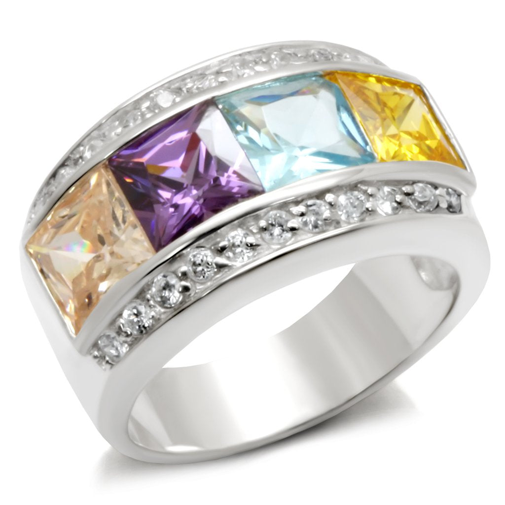 The Spectrum Ballroom Ring – Multicolor Princess‑Cut CZ Statement Ring in Polished Sterling Silver Lysandra Luxe
