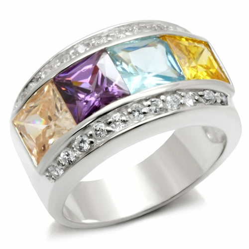 The Spectrum Ballroom Ring – Multicolor Princess‑Cut CZ Statement Ring in Polished Sterling Silver Lysandra Luxe