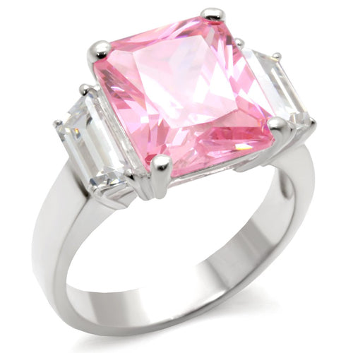 The Pink Majesty Ring – Large Cushion-Cut Pink CZ with Clear Trapezoid Side Stones in Polished Sterling Silver Lysandra Luxe