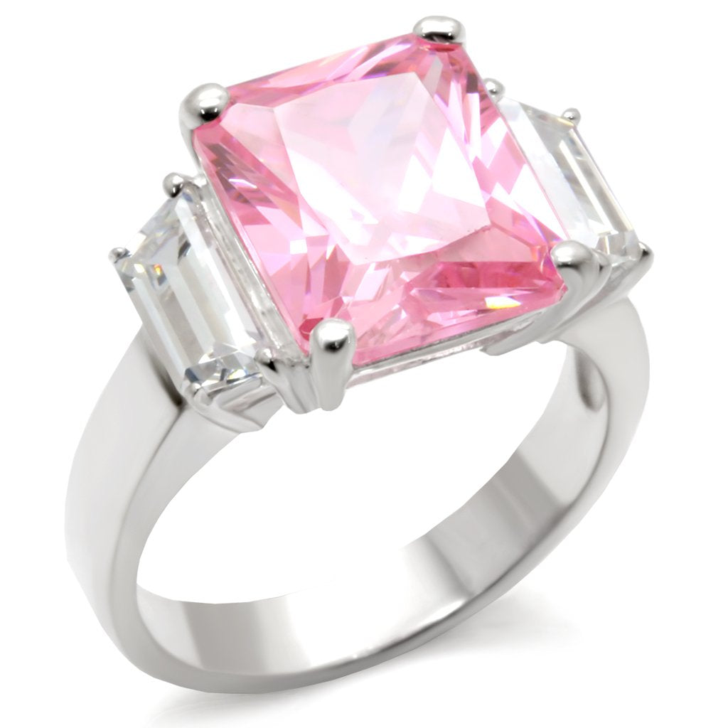 The Pink Majesty Ring – Large Cushion-Cut Pink CZ with Clear Trapezoid Side Stones in Polished Sterling Silver Lysandra Luxe