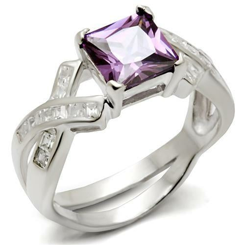 Purple Radiant Cut Cubic Zirconia Ring with Baguette Accents – Sterling Silver Twisted Split Shank Design Lysandra Luxe
