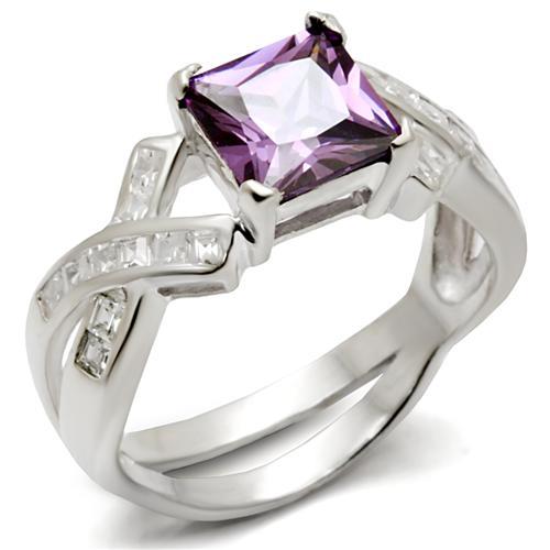 Purple Radiant Cut Cubic Zirconia Ring with Baguette Accents – Sterling Silver Twisted Split Shank Design Lysandra Luxe