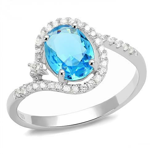 The Sky Bloom Ring – Oval Light Blue Spinel with Asymmetric Halo Loop & Floral Accent in Polished Rhodium-Plated Sterling Silver Lysandra Luxe