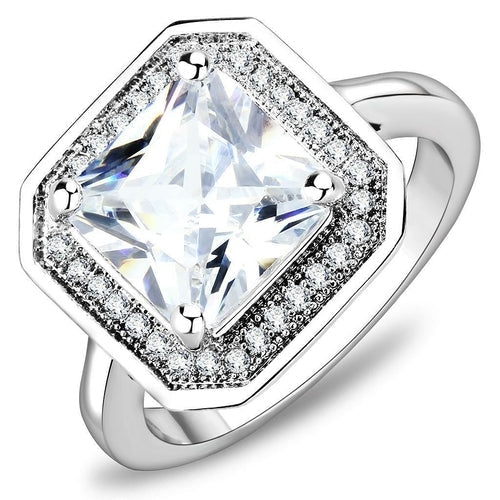 The Palace Estate Ring – 9.9 mm Princess-Cut Clear CZ with Square Halo in Polished Rhodium-Plated Brass Lysandra Luxe