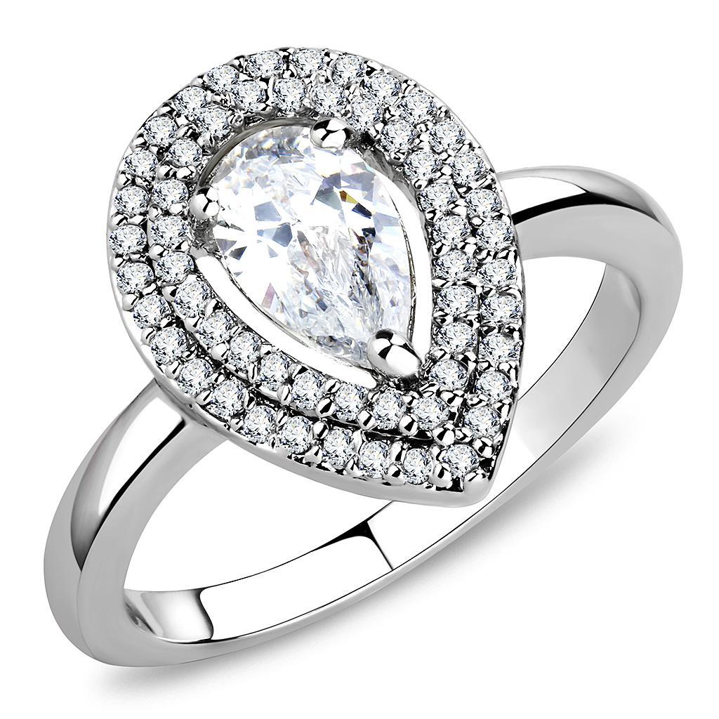 The Celestial Halo Ring – Pear-Shaped Clear CZ with Double Halo in Rhodium-Plated Brass Lysandra Luxe