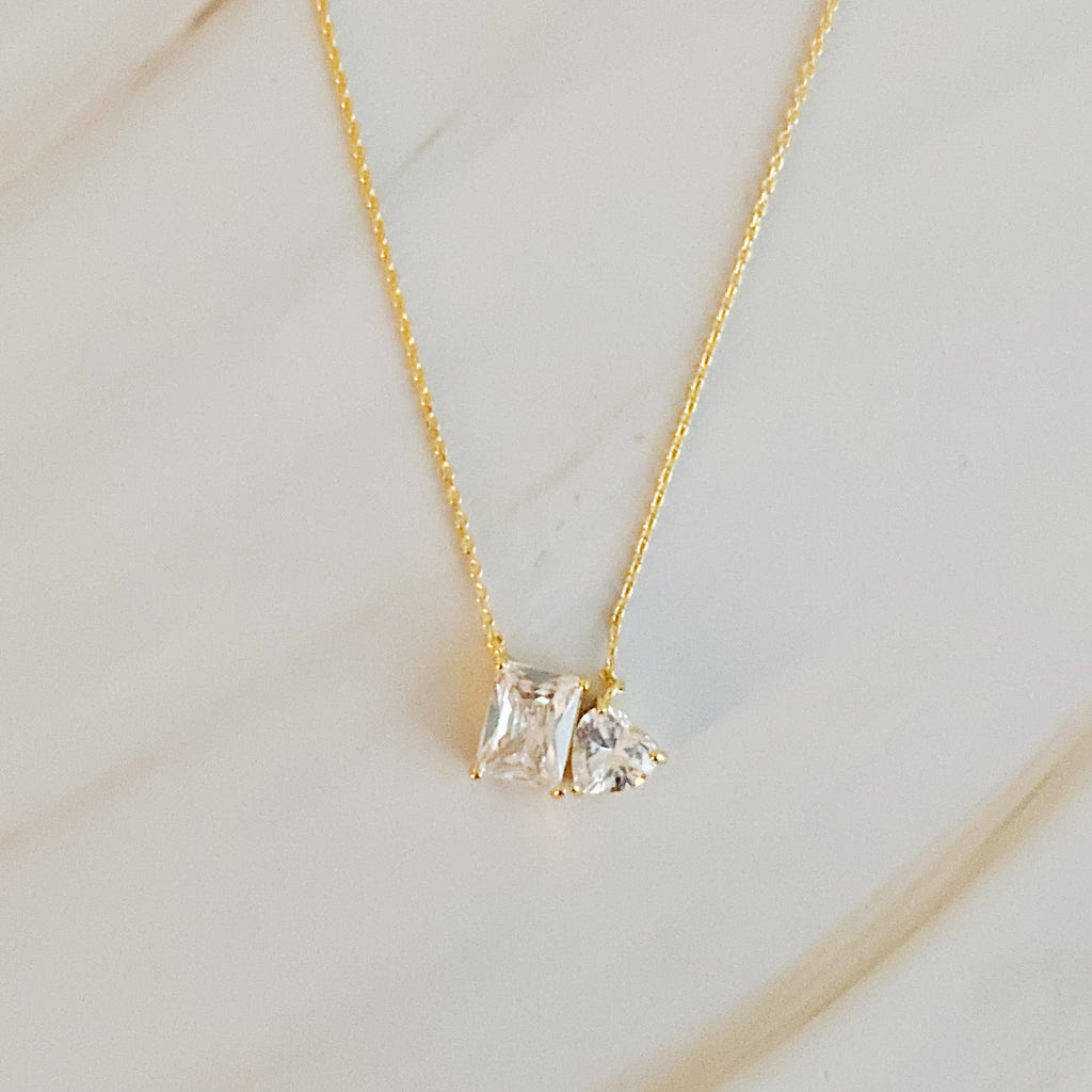 Shines Next To You Necklace – Radiant Cut & Heart Cut Cubic Zirconia Charm | Dainty Gold Necklace for Women, 18K Gold Plated, Hypoallergenic Jewelry Lysandra Luxe