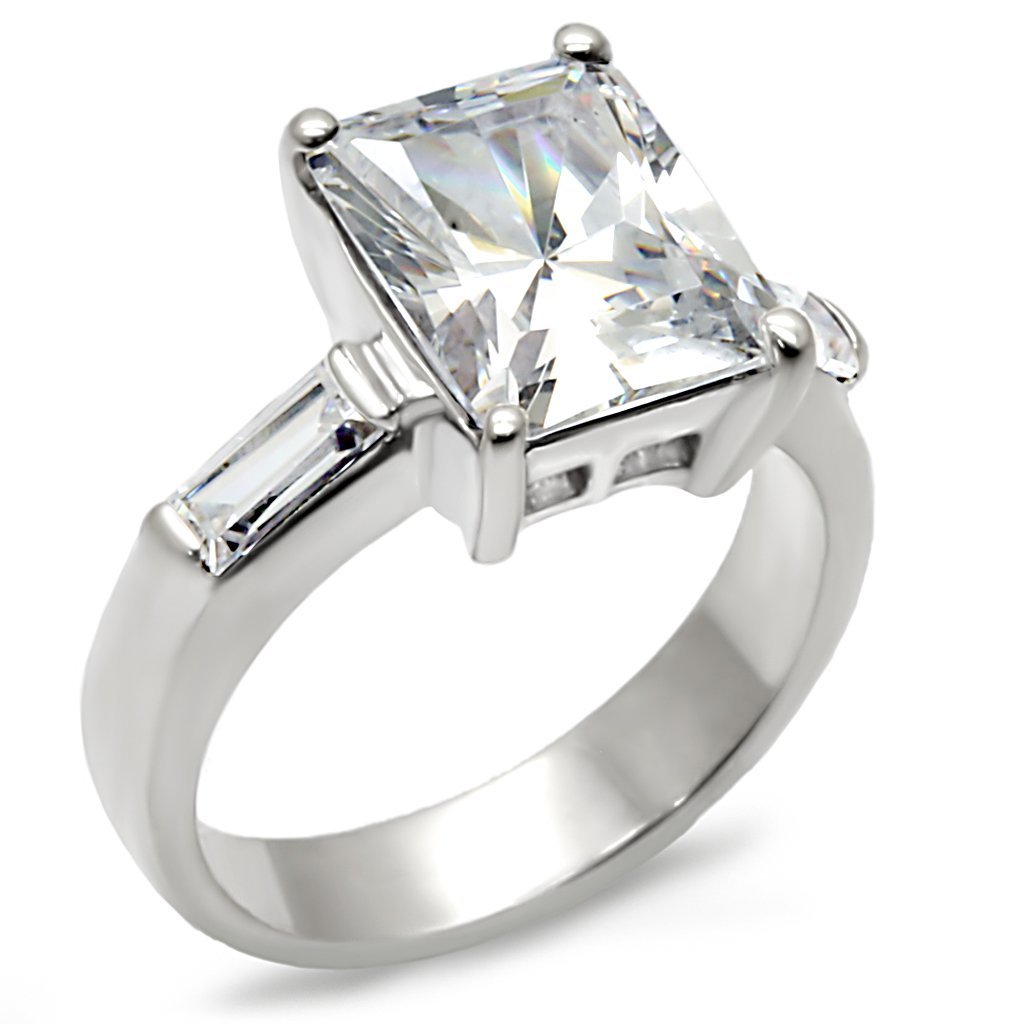 The Belle Radiance Ring – Radiant Cut CZ with Baguette Side Stones in Polished Sterling Silver Lysandra Luxe