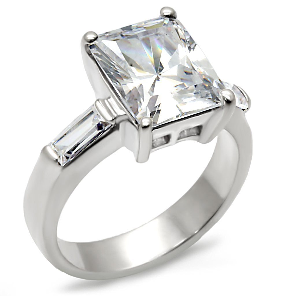 The Belle Radiance Ring – Radiant Cut CZ with Baguette Side Stones in Polished Sterling Silver Lysandra Luxe