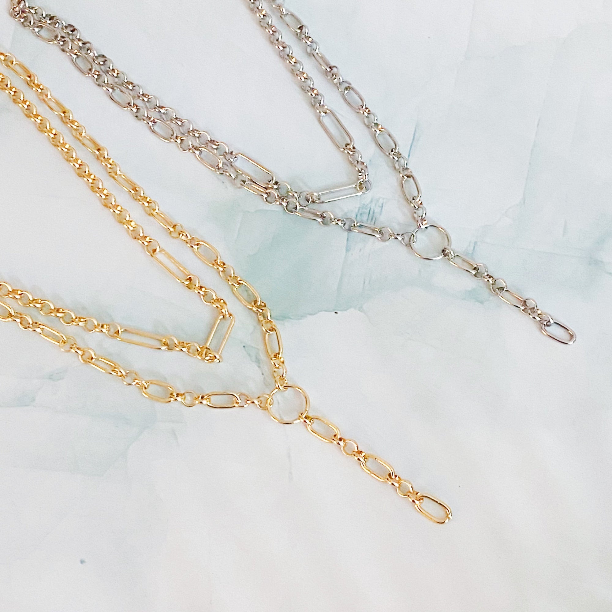 T Drop Layered Chain Necklace – Designer-Inspired Y Necklace with Double Chains