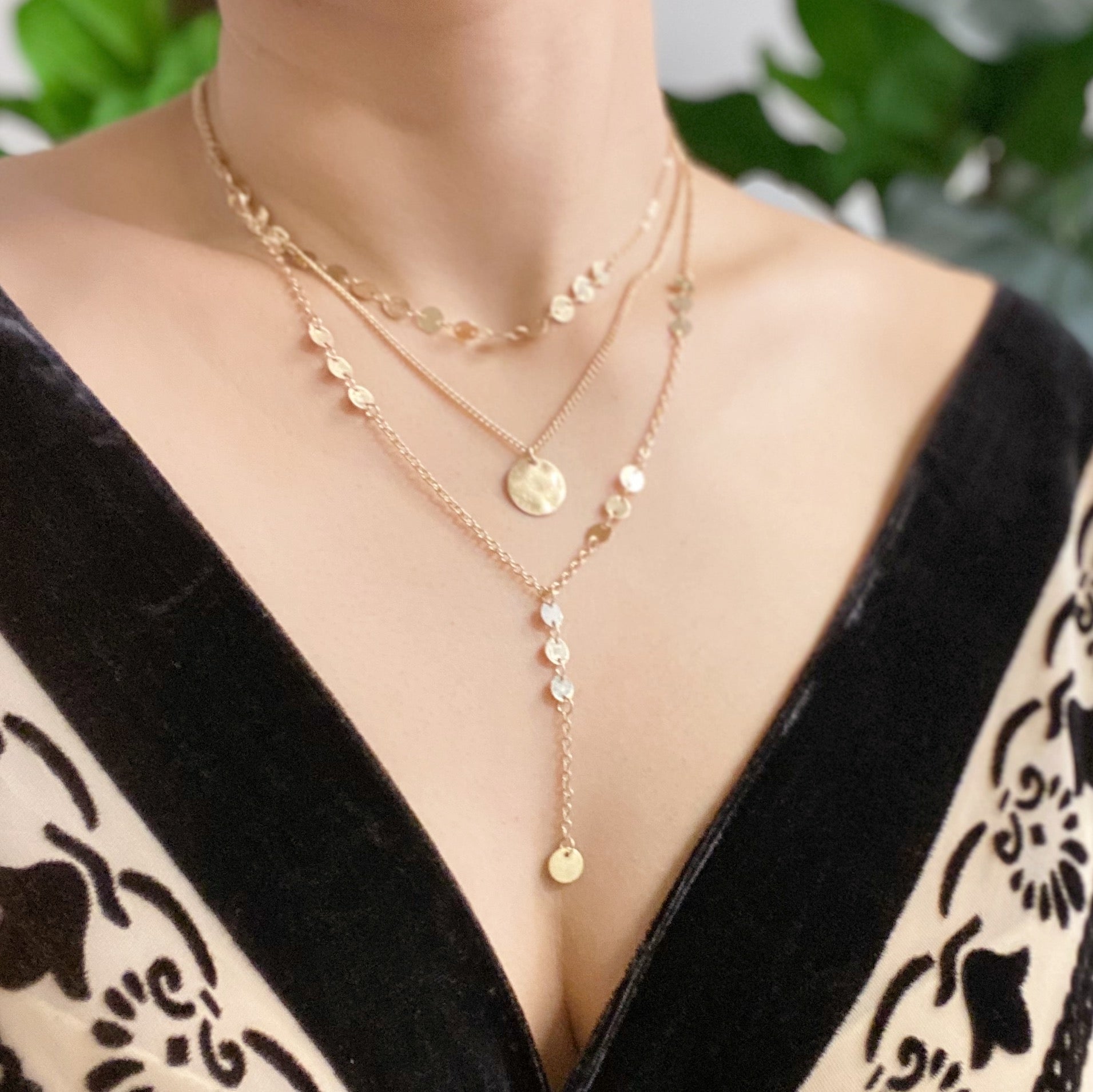 Disc Drop Layered Necklace – Gold Dainty Multi-Layer Chain Necklace for Women