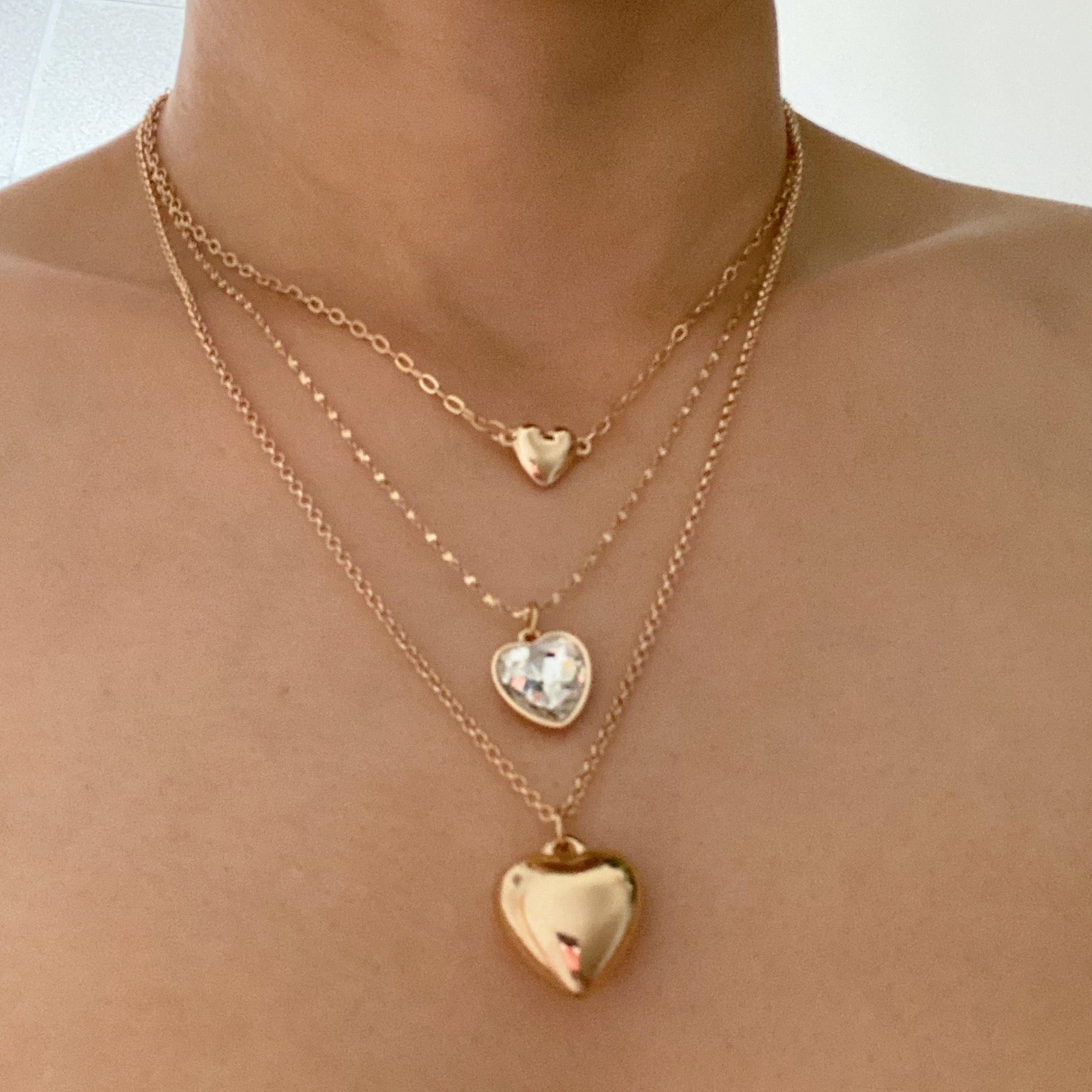 Triple Heart Pendant Necklace Set of 3 – Layered 16″, 18″ & 20″ Gold-Plated Heart Necklaces with Extenders Lysandra Luxe