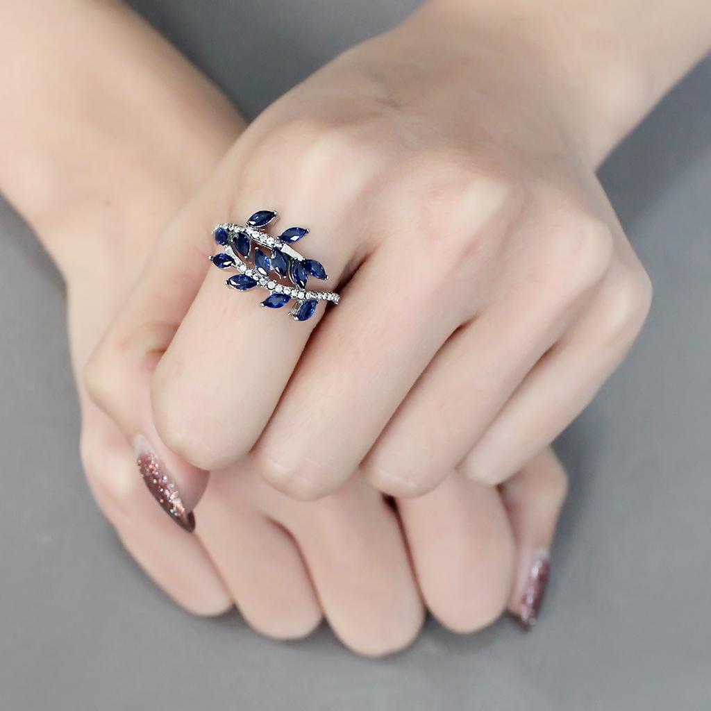 The Leaf Wave Ring – London Blue Marquise & Clear Crystal Wrap Band in Polished Stainless Steel Lysandra Luxe