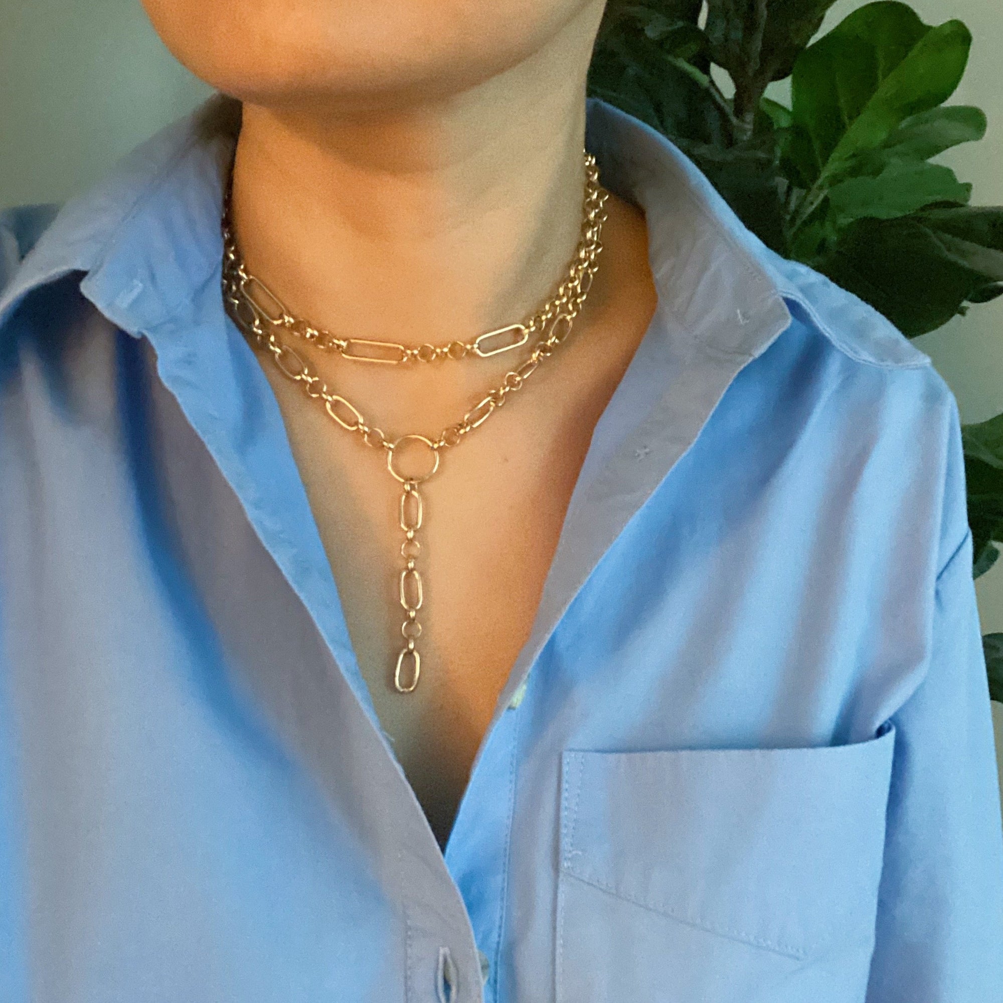 T Drop Layered Chain Necklace – Designer-Inspired Y Necklace with Double Chains