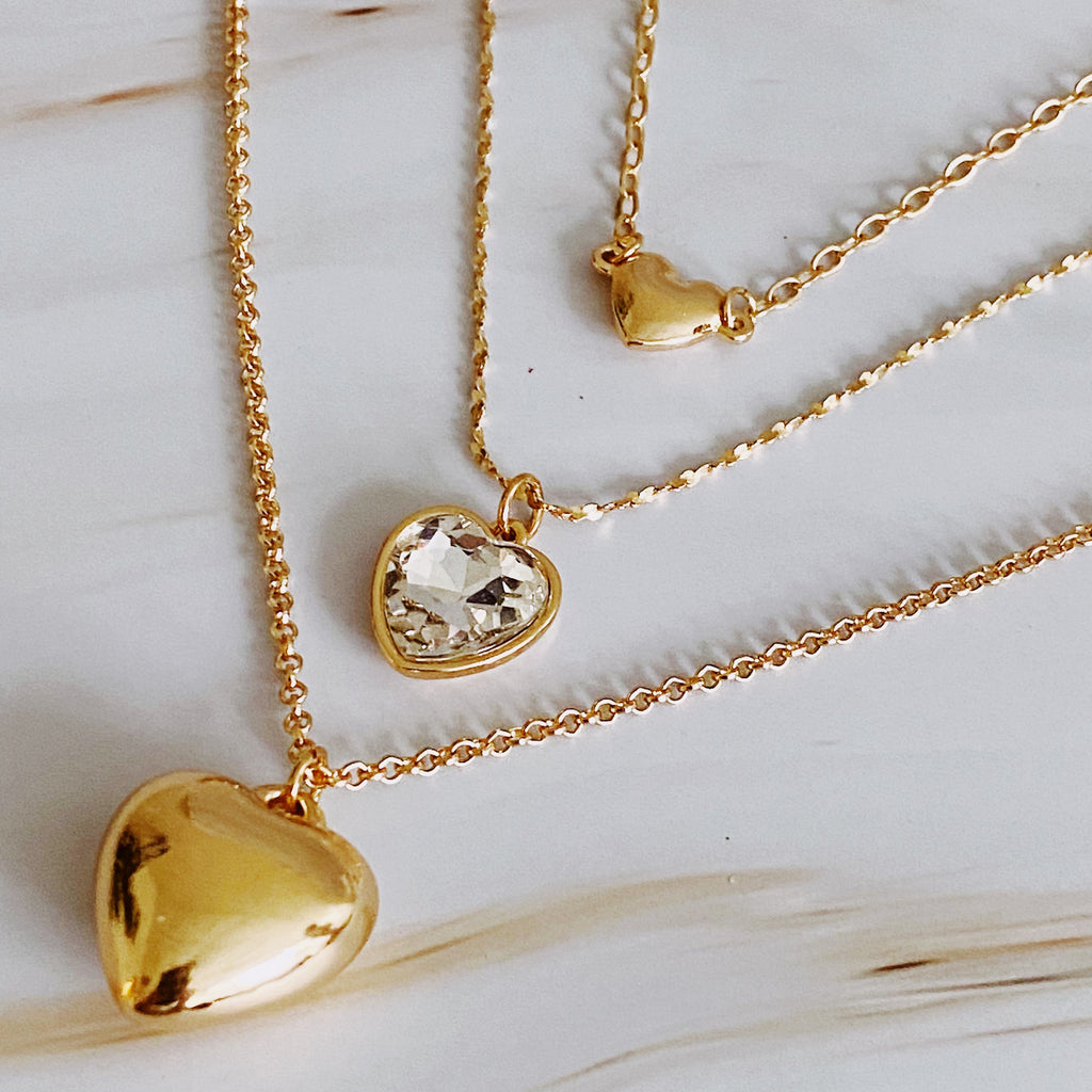Triple Heart Pendant Necklace Set of 3 – Layered 16″, 18″ & 20″ Gold-Plated Heart Necklaces with Extenders Lysandra Luxe