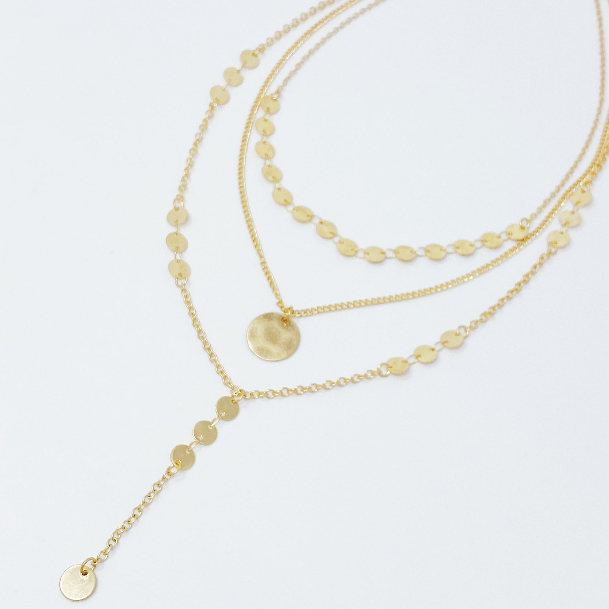 Disc Drop Layered Necklace – Gold Dainty Multi-Layer Chain Necklace for Women