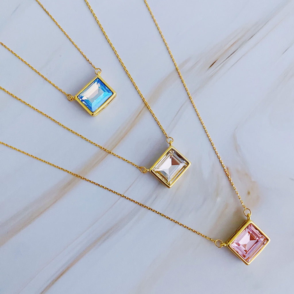 Radiance Square Pendant Necklace – Gold Plated with Glass Jewel (3 Colors) Lysandra Luxe