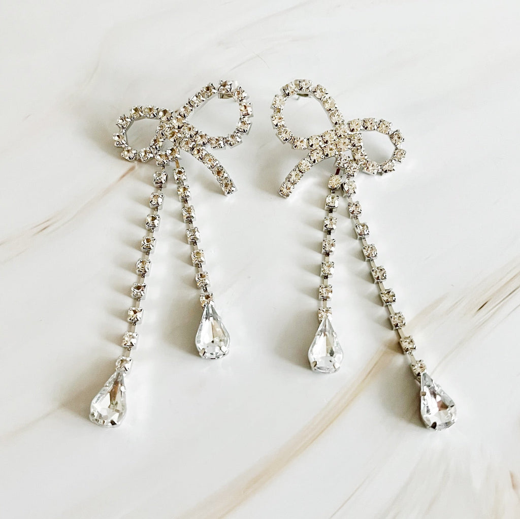 Glamour Crystal Bow Statement Drop Earrings – Rhodium Plated Lysandra Luxe