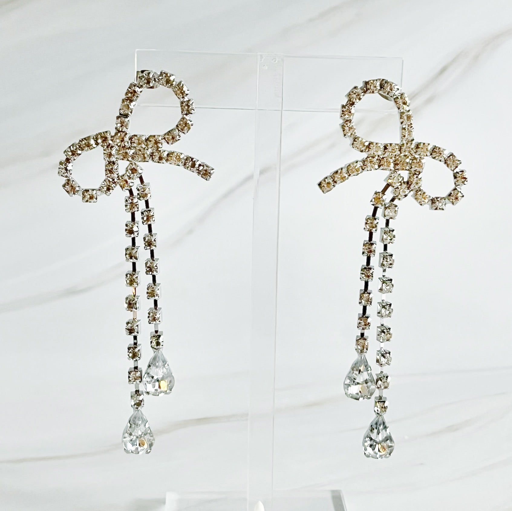 Glamour Crystal Bow Statement Drop Earrings – Rhodium Plated Lysandra Luxe
