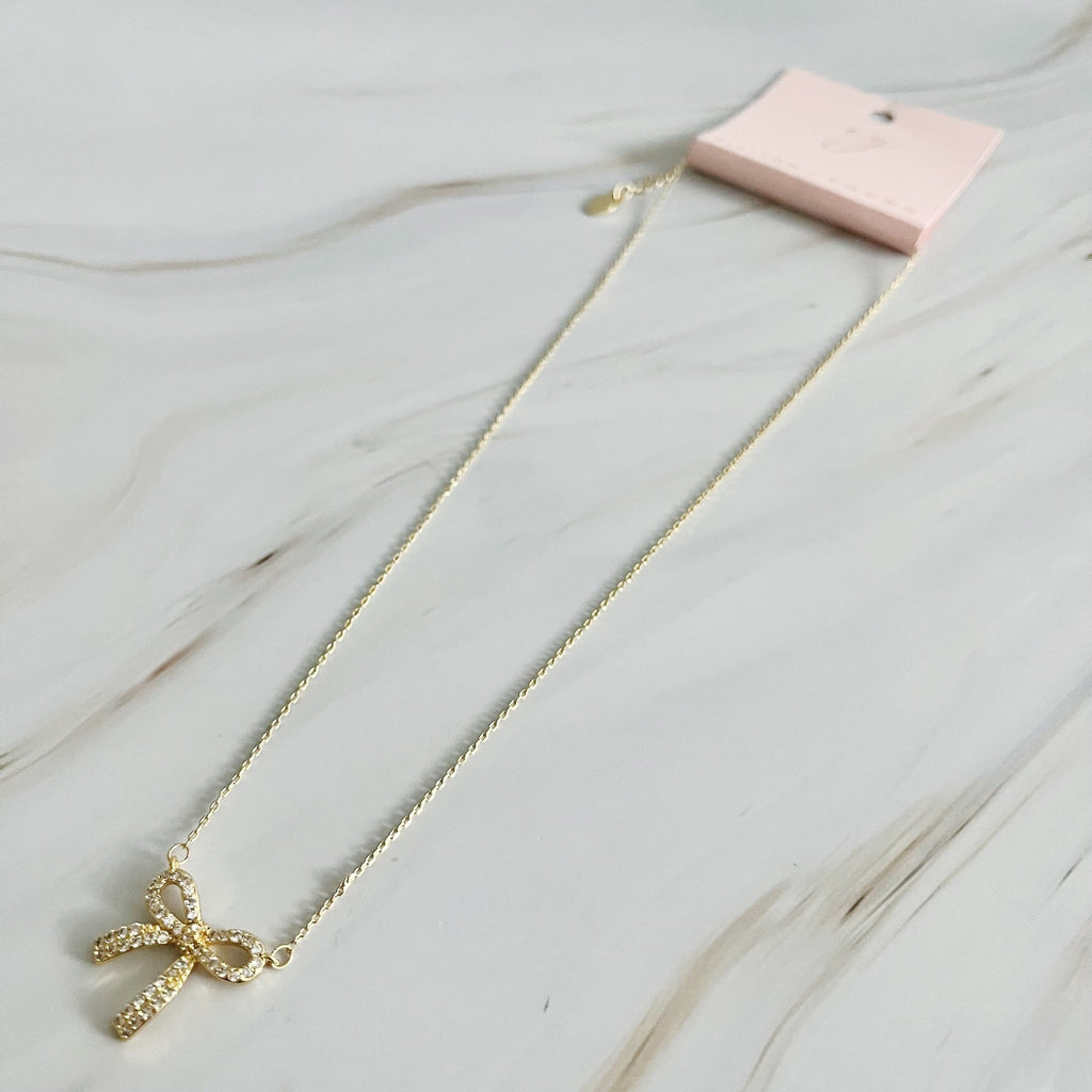 Simply Shine Bow Necklace – 18K Gold Plated Dainty Necklace with Cubic Zirconia Bow Charm Lysandra Luxe