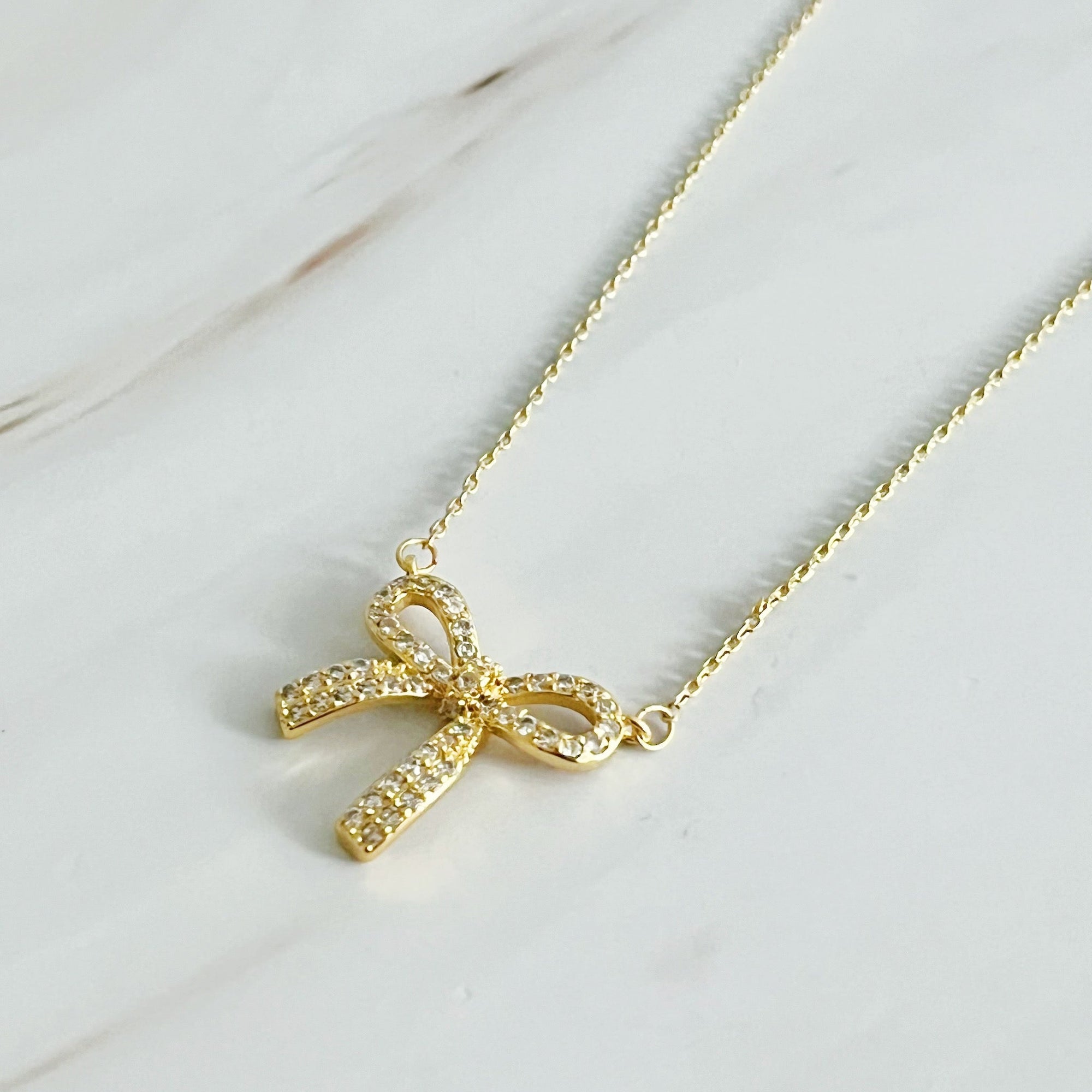 Simply Shine Bow Necklace – 18K Gold Plated Dainty Necklace with Cubic Zirconia Bow Charm