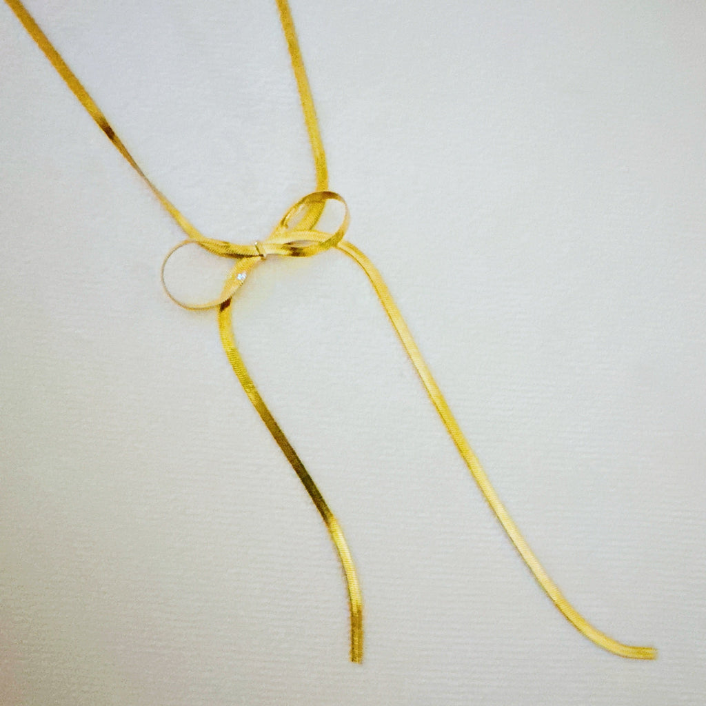 Long Drop Herringbone Bow Necklace – Gold Plated Elegant Bow Pendant Jewelry for Women Lysandra Luxe