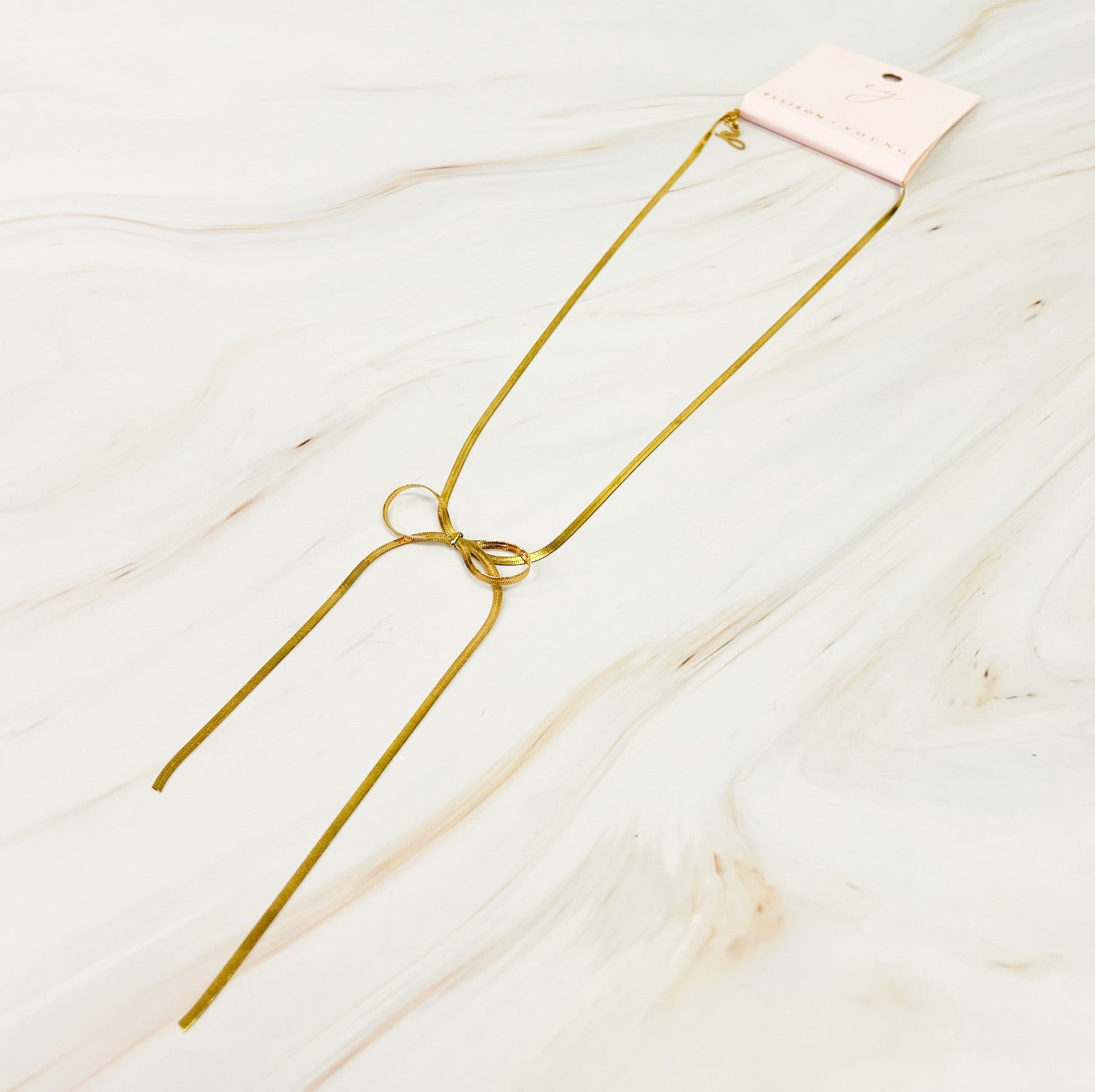 Long Drop Herringbone Bow Necklace – Gold Plated Elegant Bow Pendant Jewelry for Women