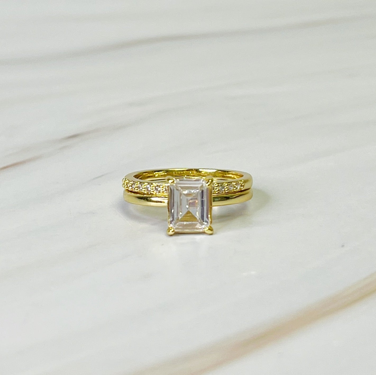Emerald Cut Solitaire Ring Set of 2 – 18K Gold-Plated Modern Women’s Jewelry Size 7 Lysandra Luxe