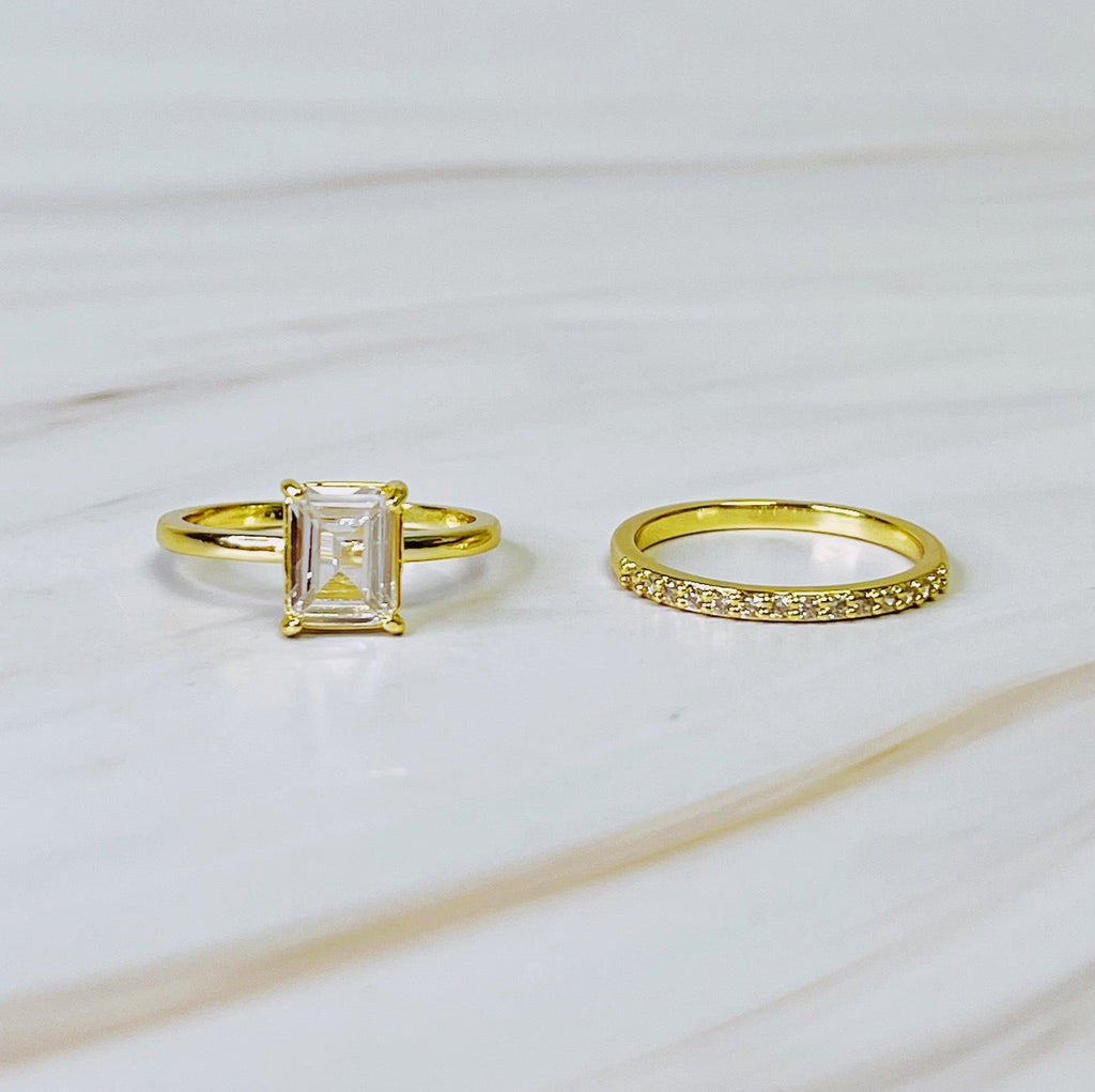 Emerald Cut Solitaire Ring Set of 2 – 18K Gold-Plated Modern Women’s Jewelry Size 7 Lysandra Luxe
