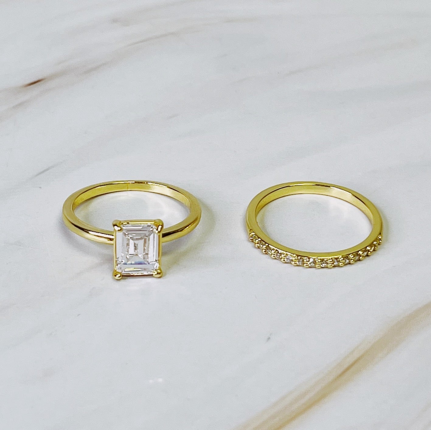 Emerald Cut Solitaire Ring Set of 2 – 18K Gold-Plated Modern Women’s Jewelry Size 7 Lysandra Luxe