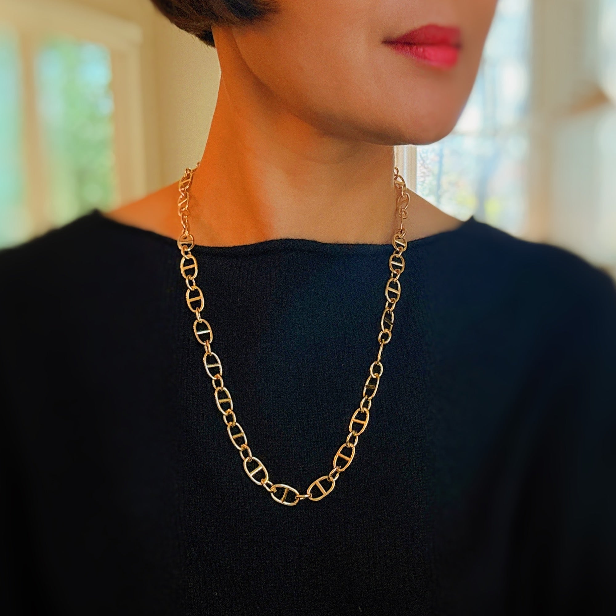 Golden Bit Linked Longer Chain Necklace – 18K Gold Plated Equestrian-Inspired Layering Necklace
