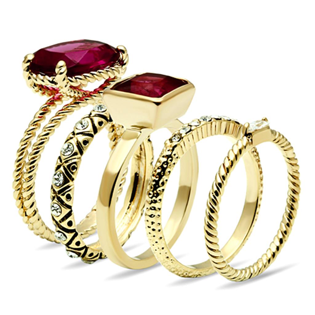 The Ruby Harmony Stack – Five-Ring Set with Oval & Square Ruby CZ Accents in Gold-Tone Brass Lysandra Luxe