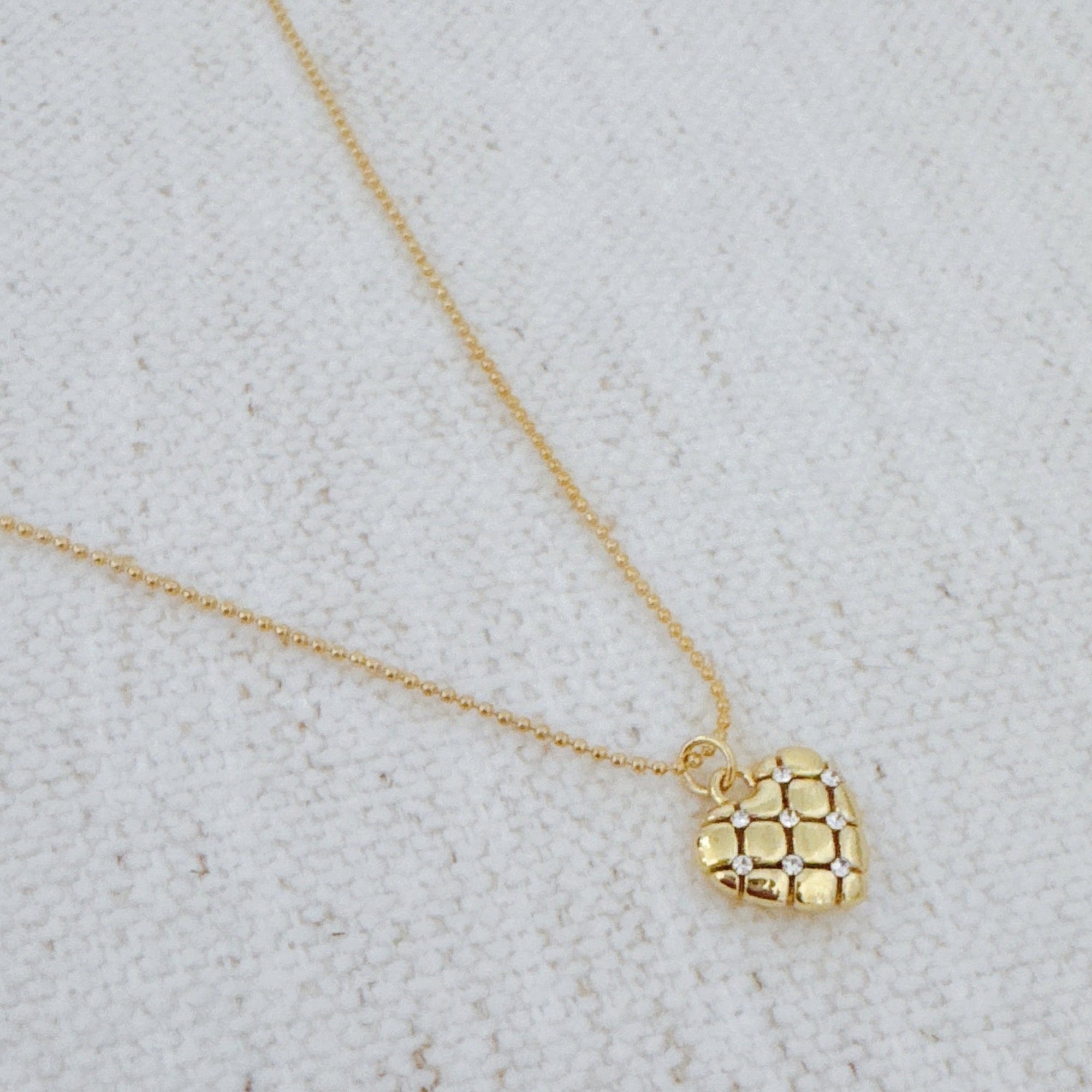 Quilted Luxe Heart Charm Necklace – 18K Gold Quilted Heart Pendant Necklace for Women | Elegant Gold Stainless Steel Charm Jewelry