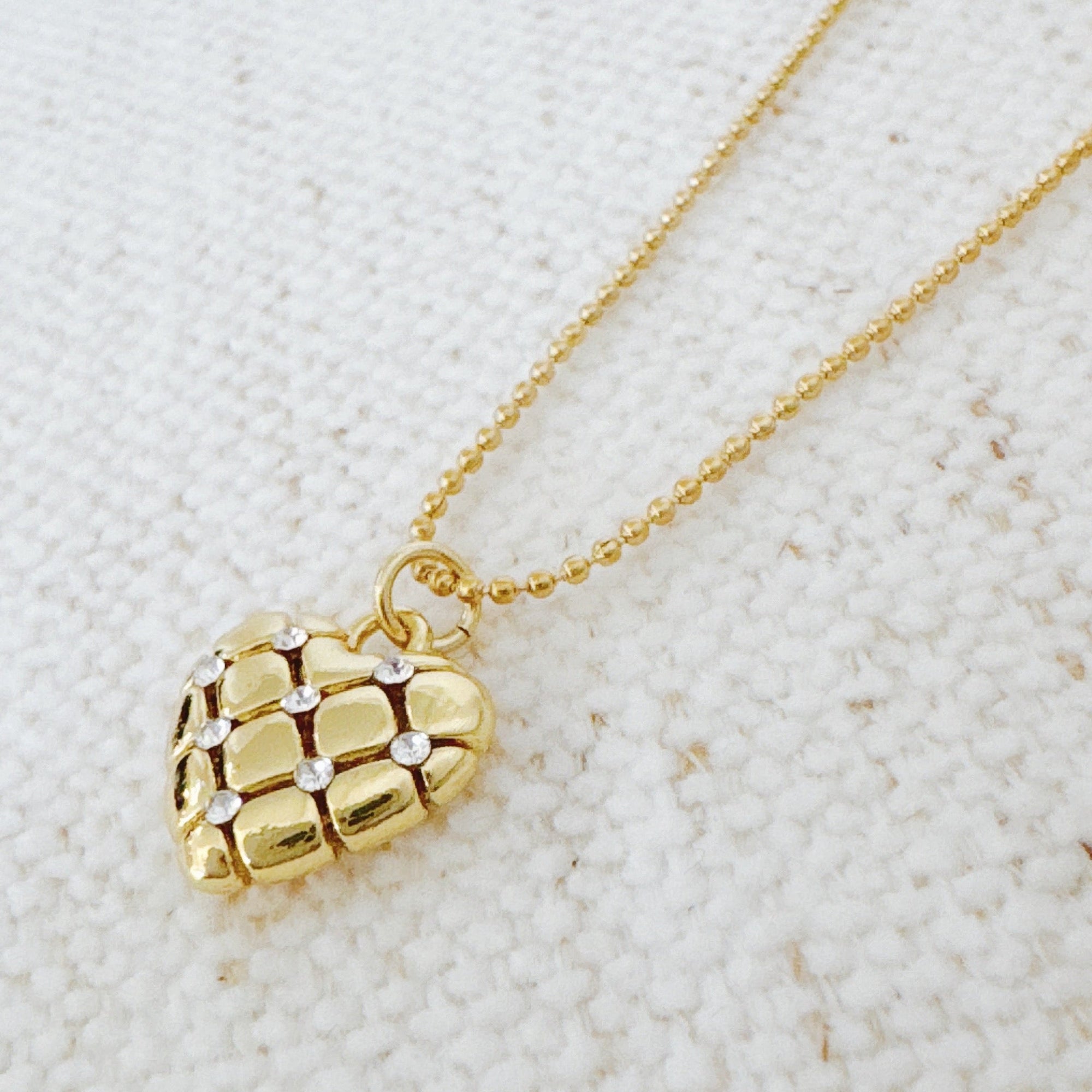 Quilted Luxe Heart Charm Necklace – 18K Gold Quilted Heart Pendant Necklace for Women | Elegant Gold Stainless Steel Charm Jewelry