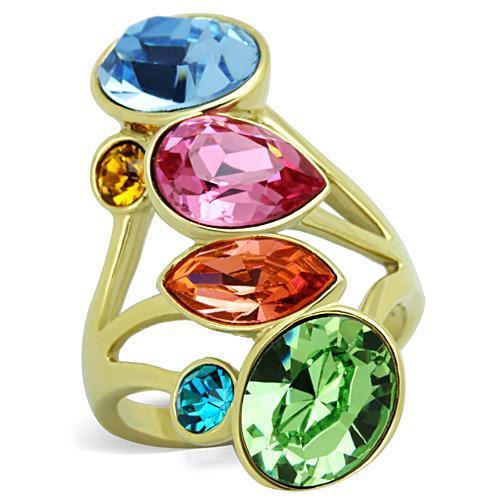 Women’s Stainless Steel Multi-Color Synthetic Crystal Statement Ring – Gold IP Plated Assorted Cut Stones