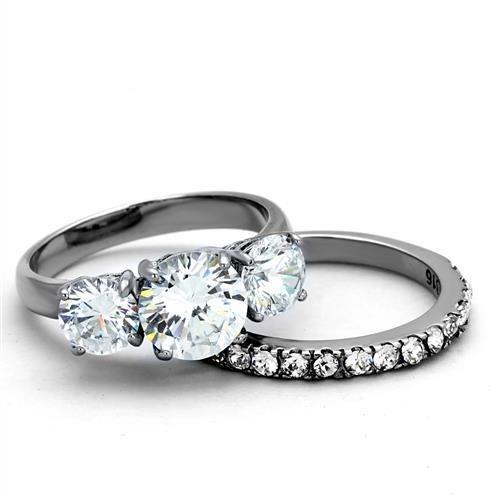 The Timeless Trio Ring Set – Round Cut Three-Stone Center & Matching Clear CZ Band in Polished Stainless Steel Lysandra Luxe