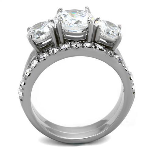 The Timeless Trio Ring Set – Round Cut Three-Stone Center & Matching Clear CZ Band in Polished Stainless Steel Lysandra Luxe