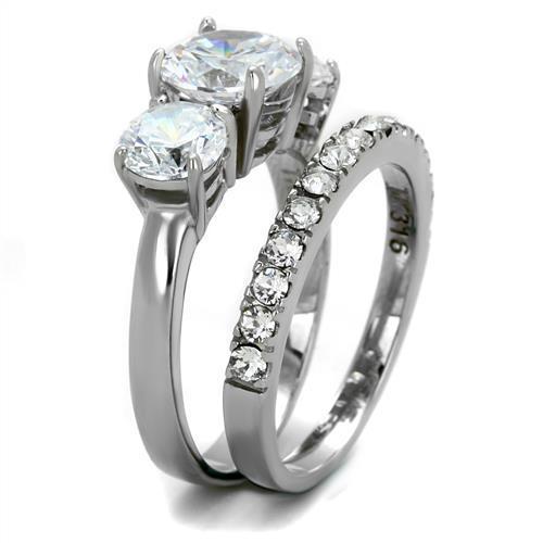 The Timeless Trio Ring Set – Round Cut Three-Stone Center & Matching Clear CZ Band in Polished Stainless Steel Lysandra Luxe