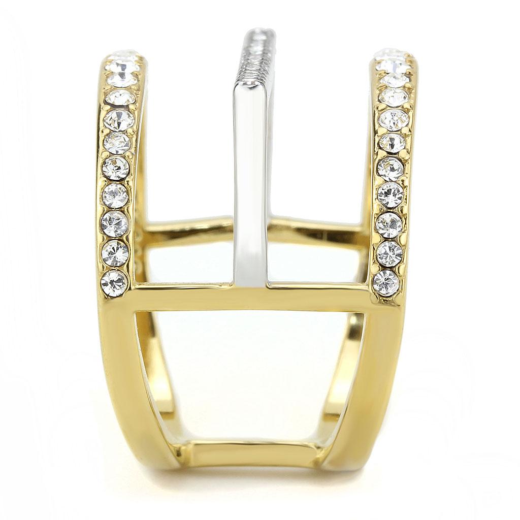 The Golden Axis Ring – Two‑Tone Gold & Silver Geometric Statement Ring with Clear Crystals (Stainless Steel) Lysandra Luxe